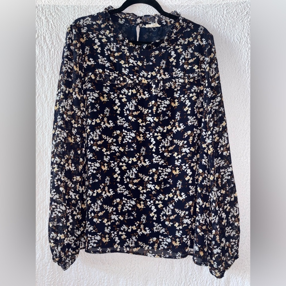 Cotton Bleu Floral Print Ruffle Long Sleeve Round Neck Blouse